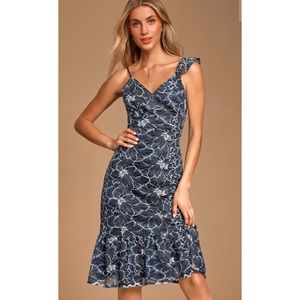 Lulu’s Fleur Allured Navy Blue Lace Midi Dress